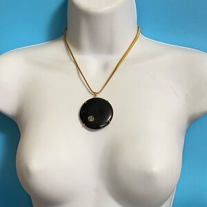 Round Black Cabachon Pendant On Gold Chain 16-18”